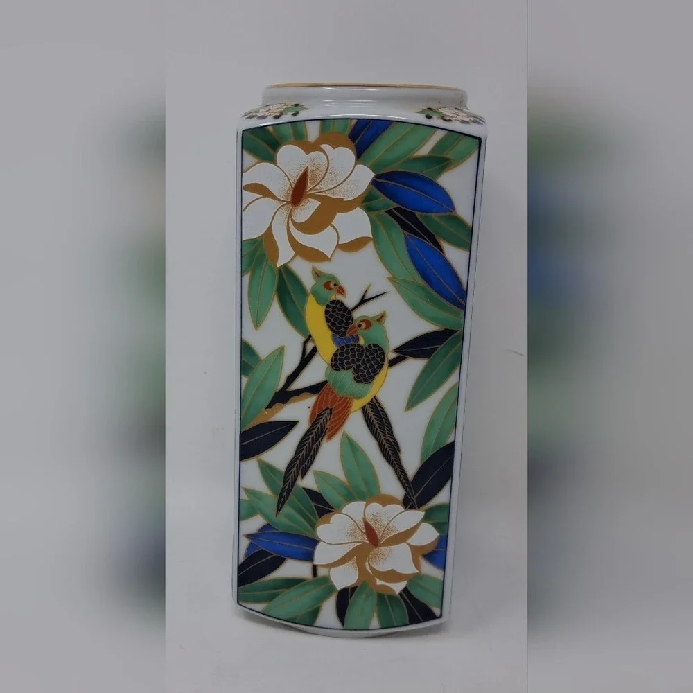 Vintage Takahashi Tropicale Vase Hand Decorated Parrots & Floral Japan 7